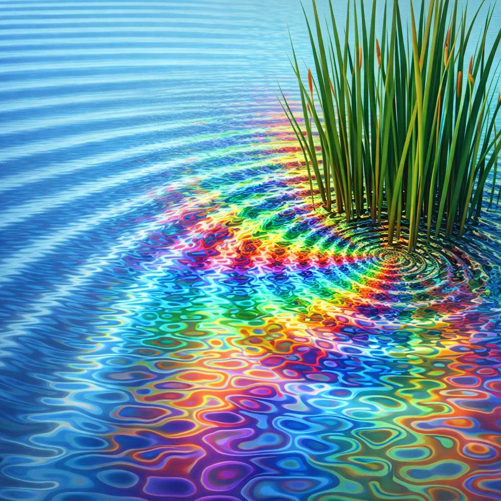 Diagrams comparing quantum superposition branching with classical ripple scattering showing measurement outcomes and interference patterns.